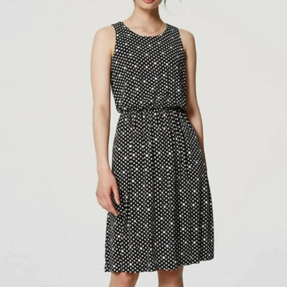 ANN Taylor LOFT Size XS Black Sleeveless Dotted Blouson Dress NEW!